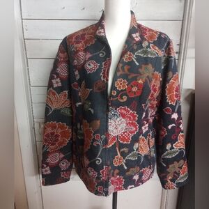 Chico's Floral Print Jacket Size 2 Medium Black Red Full Zip Long Sleeve Boho